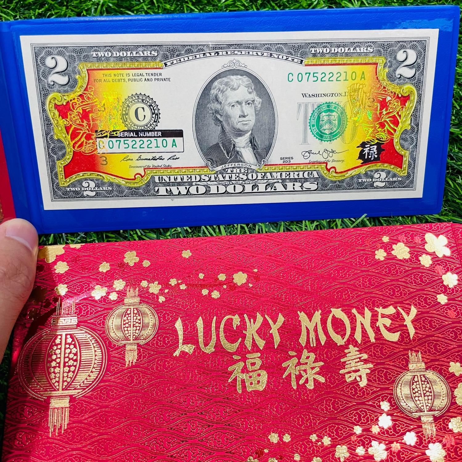 Combo 5 Tờ 2 USD In Hình Thần Tài may mắn, quà tặng, lì xì tết, phụ kiện bao da xanh