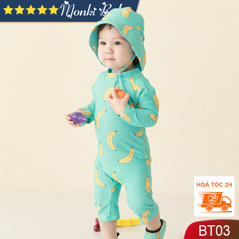 Bộ bơi liền hoa quả kèm mũ chống nắng cho trẻ em, chất bơi đẹp, phom gọn dàng dễ thương, chất thun bơi đẹp co giãn 4c | BT03