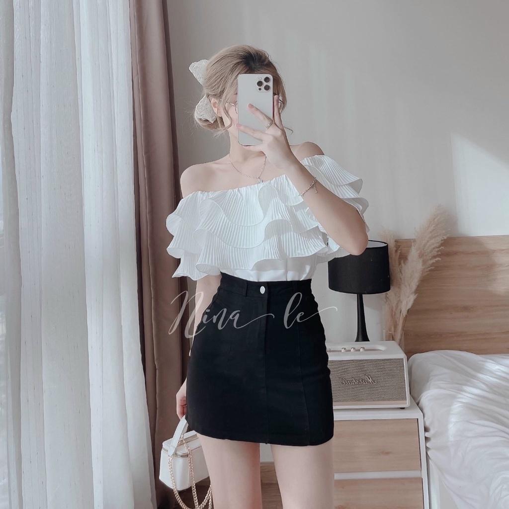 Sét bộ thời trang nữ trễ vai bèo lai croptop phối chân váy tuyết mưa sang chảnh quý phái