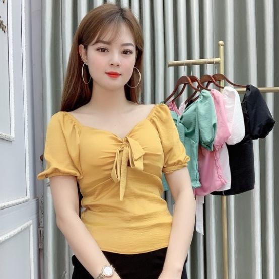 Áo bánh bèo cổ tim có nơ. hất liệu đũi, mềm, min, mát, không nhăn, size 40-60kg, mặc đi làm, đi chơi đều xinh