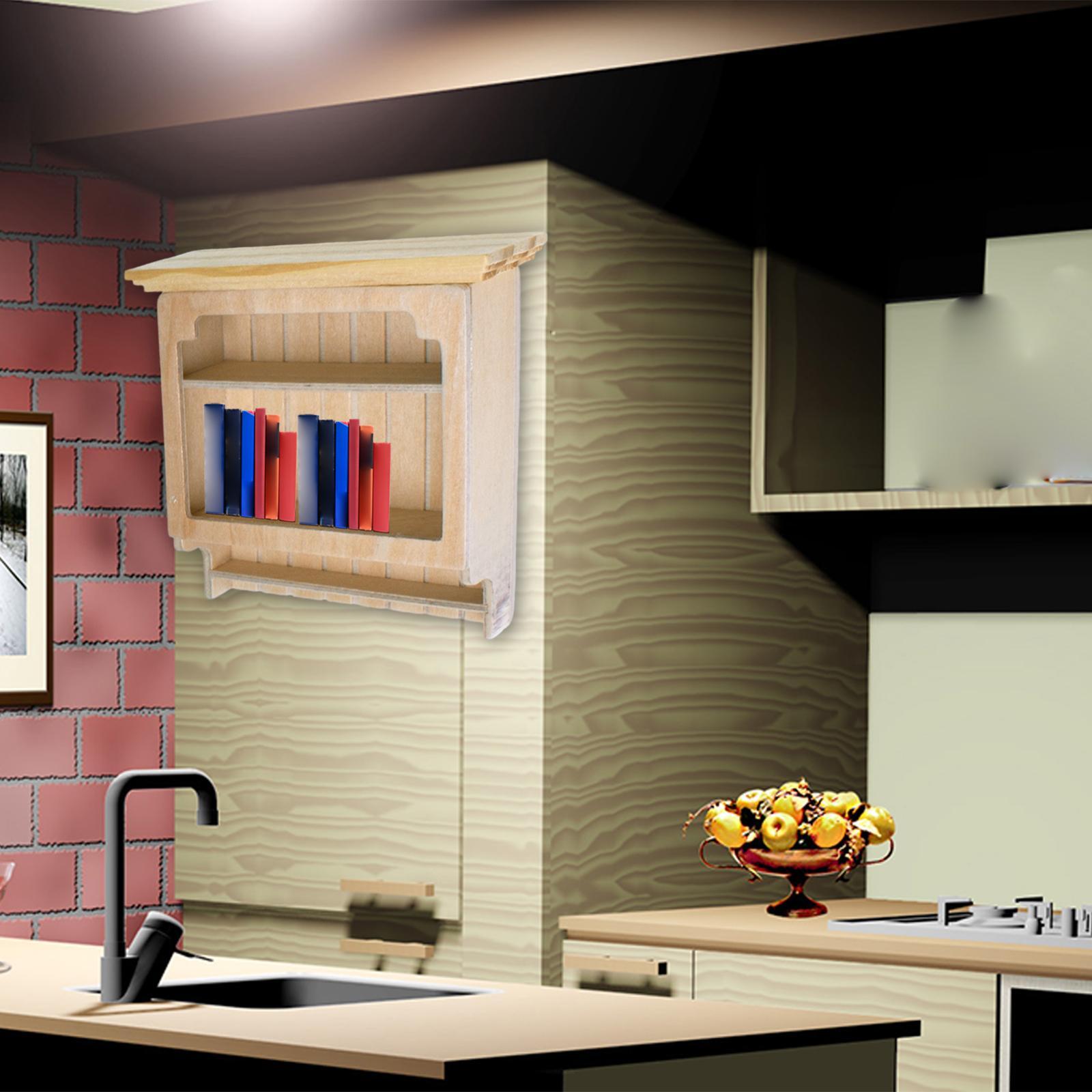 Wooden Bookshelf Dollhouse Living Room Mini 1:12 Wall Hanging Cabinet Decoration
