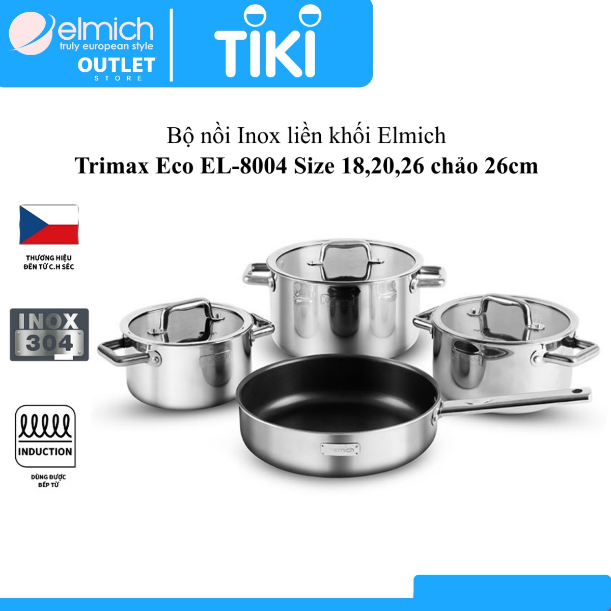 Bộ 4 Nồi Chảo Inox 304 Đáy Liền Khối Elmich Trimax ECO EL-8004 size 18, 20, 26, chảo 26cm