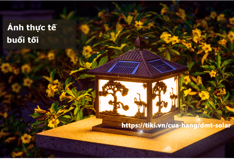 Đèn trụ cổng hình vuông con hạc cây tùng năng lượng mặt trời DMT-TC07