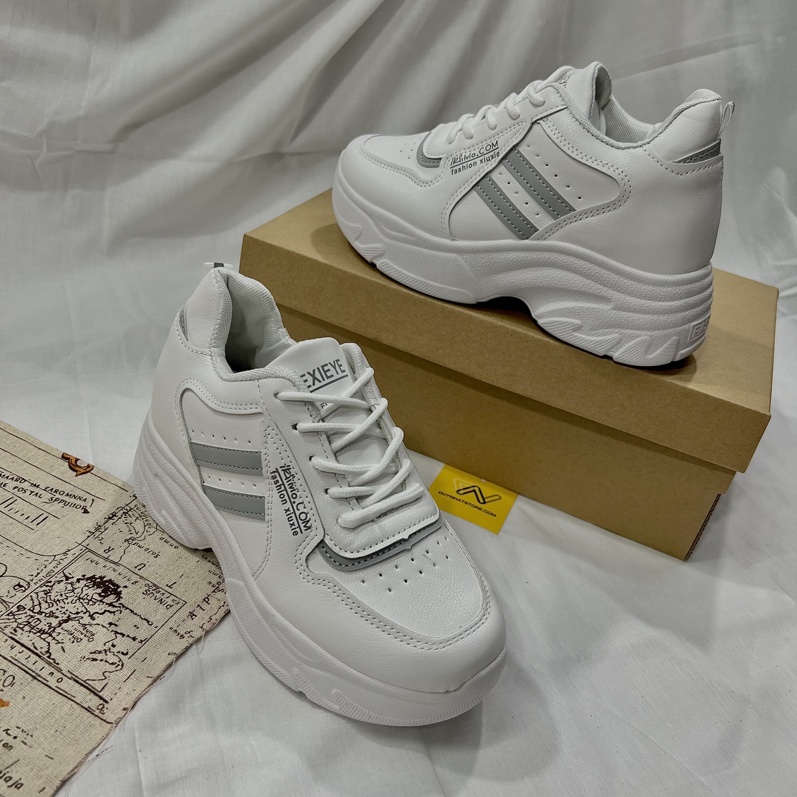 Giày Thể Thao Nữ Màu Trắng Xám Duy Nhật Store Độn Cao Đế Răng Cưa Bonsai Uzzang Đẹp Độn 7cm Êm Chân Sneaker Bata Trendy