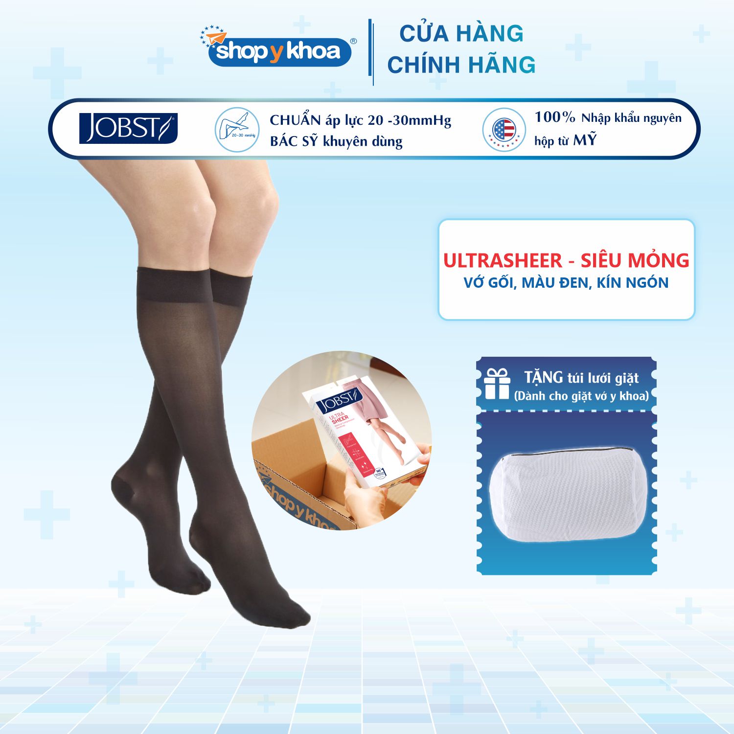 Vớ y khoa gối JOBST UltraSheer - Siêu mỏng, màu đen, kín ngón, 20-30mmHg, giãn tĩnh mạch chân (tất y khoa)