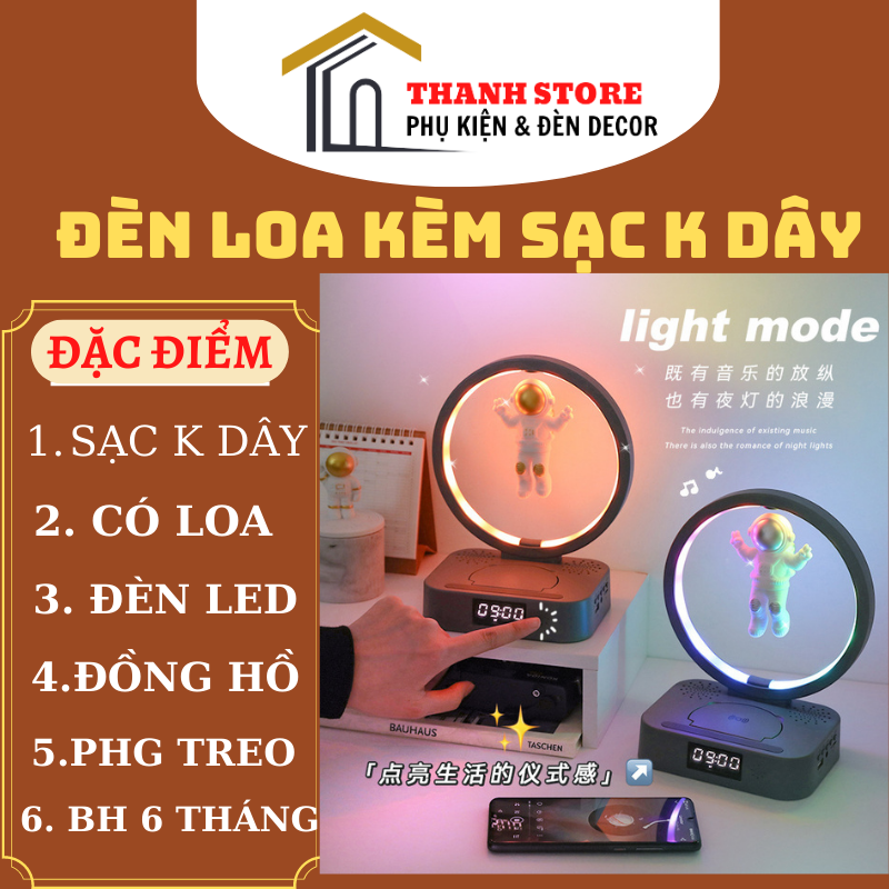 Đèn loa phi hành gia treo lơ lửng kèm sạc không dây , đồng hồ , đèn led nghe nhạc dercor cho mọi không gian làm quà tặng