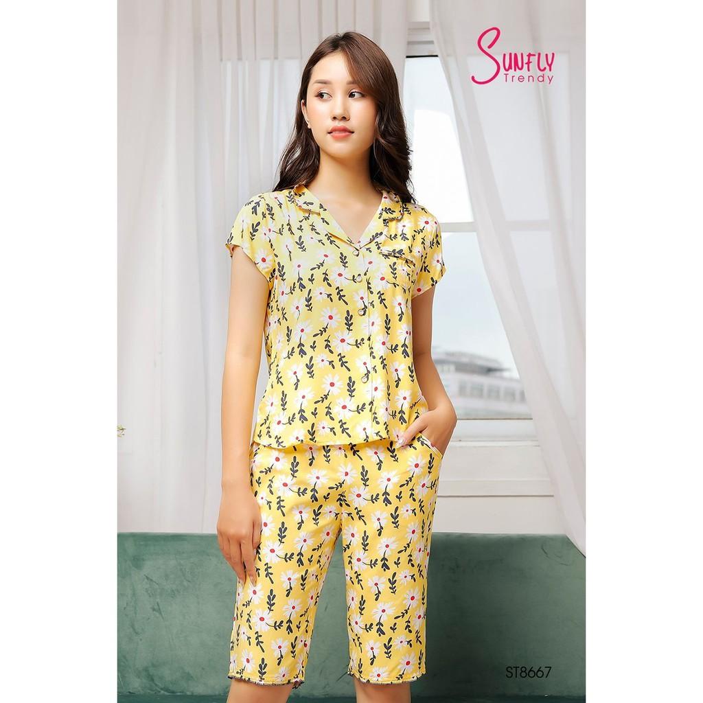 Bộ đồ mặc nhà Sunfly, Set PIJAMA Lanh cao cấp mềm, mát lạnh - Dáng áo cộc quần ngố họa tiết hoa cúc đơn giản trẻ trung