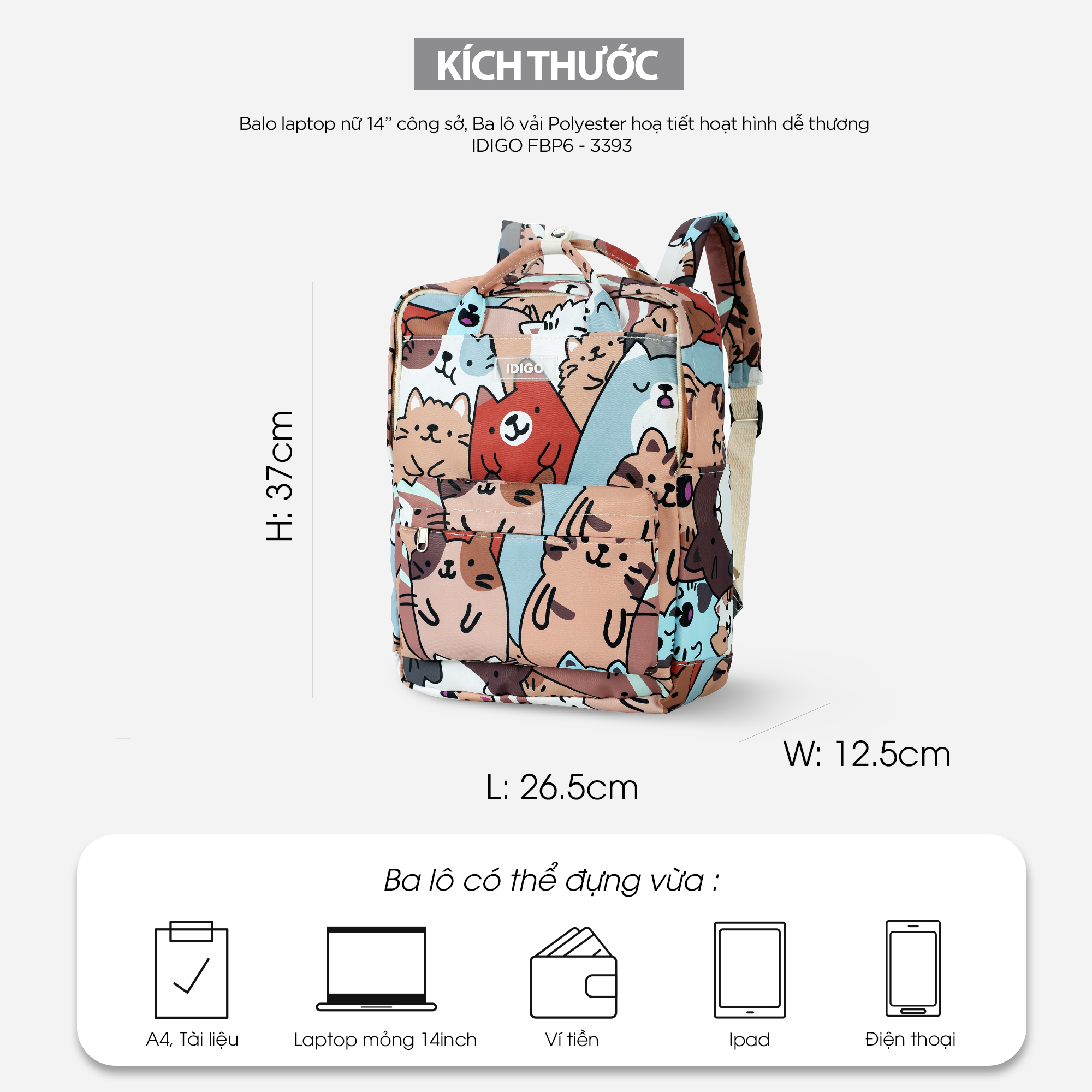 Balo laptop nữ 14 inch công sở, ba lô sinh viên đựng máy tính vải Polyester hoạt hình dễ thương IDIGO FBP6 - 3393