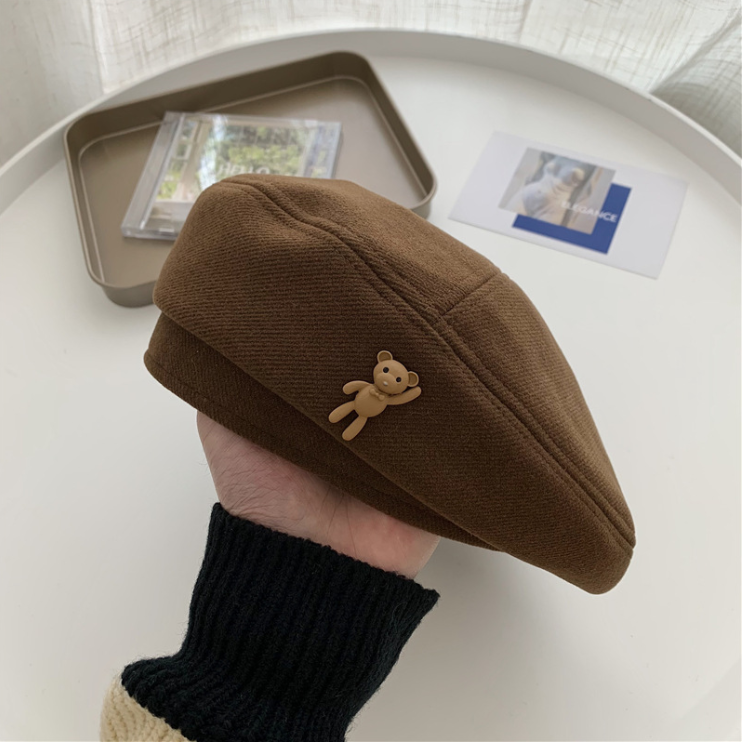 Mũ nồi beret vải nữ tính gắn gấu dễ thương Vintage đội đầu phối đồ đi học đi chơi thu đông xinh giá rẻ