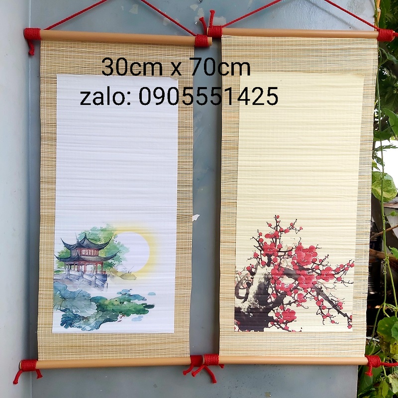 Bộ 4 mành tre viết thư pháp có in cảnh kích thước 30cm x 70cm