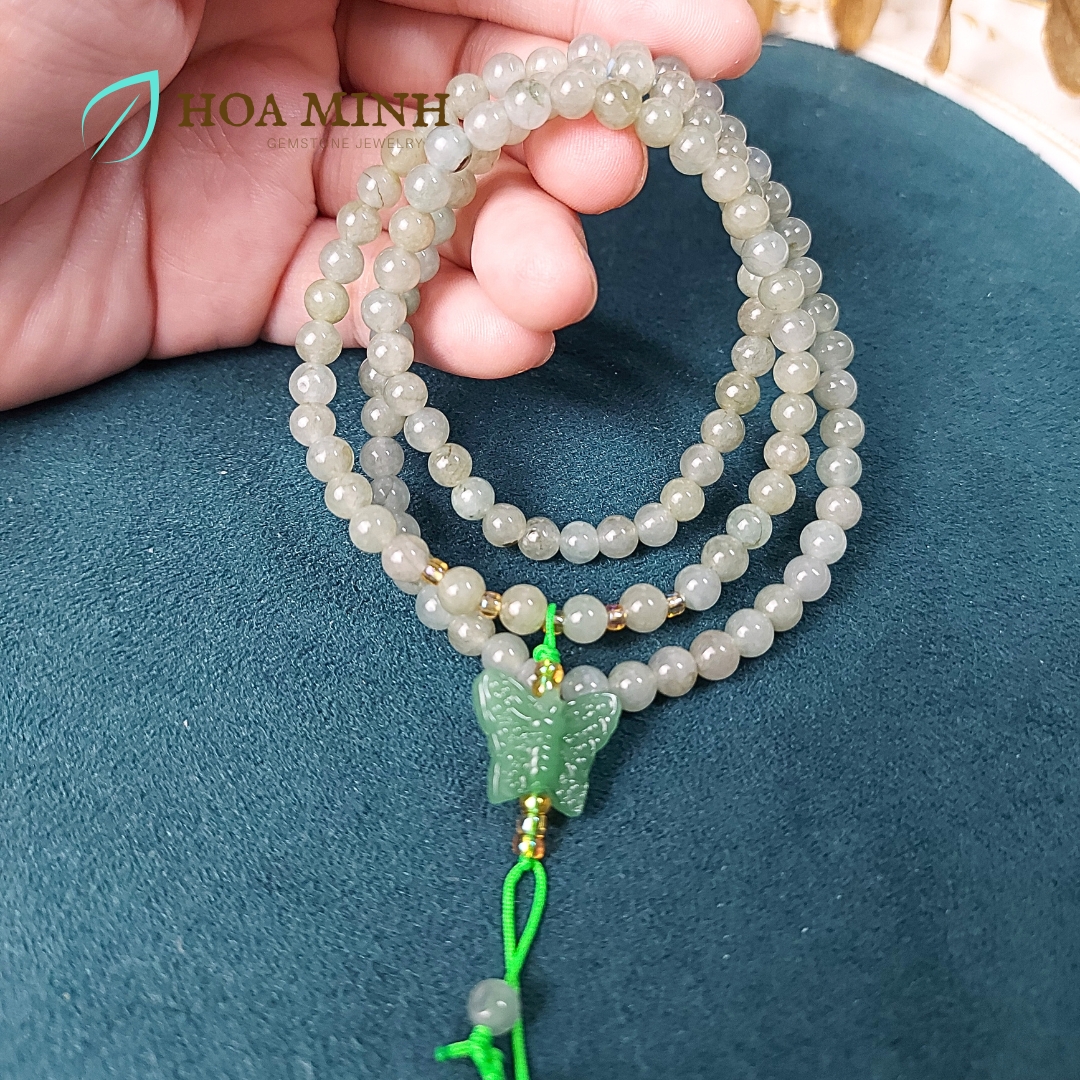 Vòng tay chuỗi 108 hạt Ngọc Cẩm Thạch Lam Dầu A size 5.3 li phối charm đá thạch anh aventurine mỹ miều tuyệt đẹp