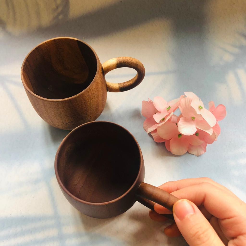 Cốc Gỗ Keo Nâu Đen 7x7 cm, Có Quai Tay Cầm, Cốc Uống Trà, Cà Phê, Phong Cách Vintage, Chụp Ảnh Trang Trí Xinh Xắn