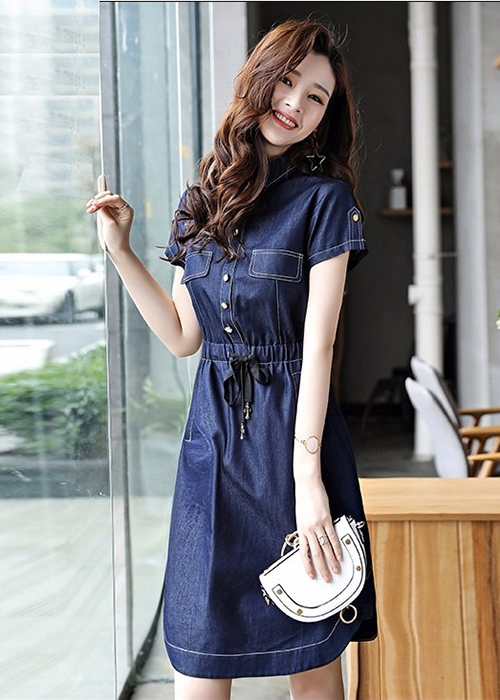 Đầm Jean Nữ Ngắn Tay Cổ Bẻ Lai Bầu
