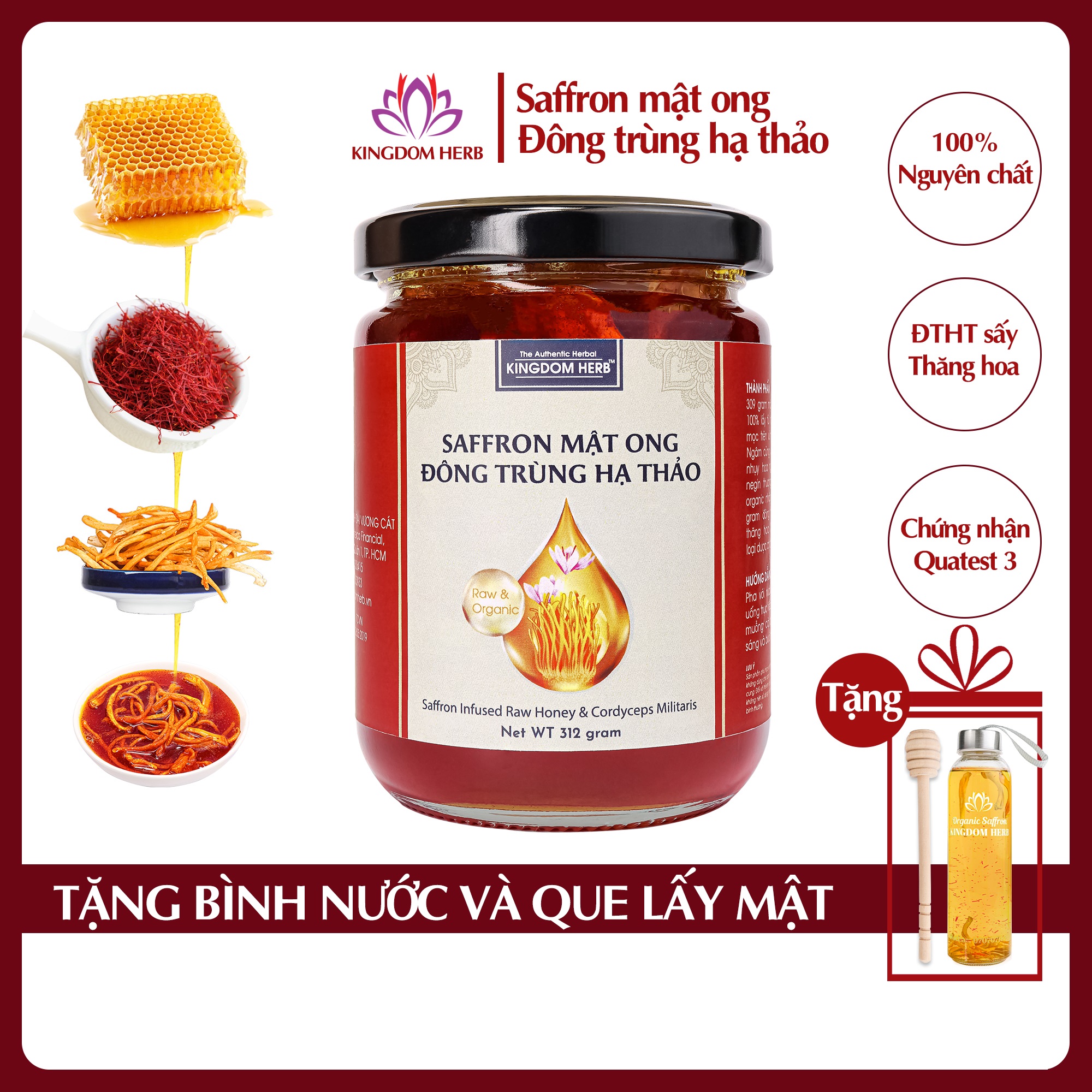 Saffron mật ong đông trùng hạ thảo Kingdom Herb chính hãng thượng hạng hộp 312g
