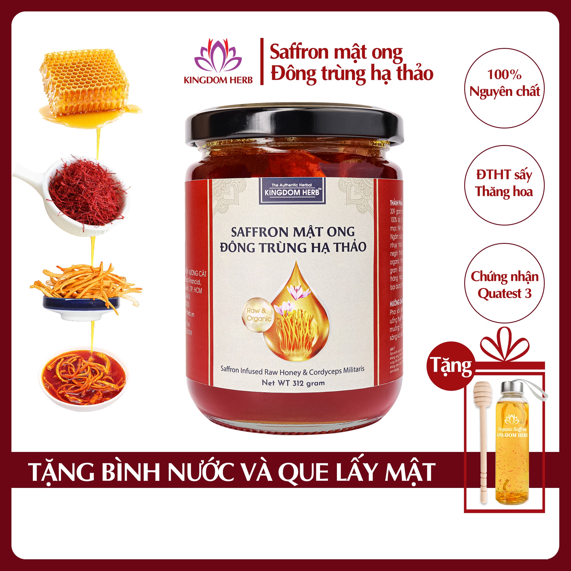 Saffron mật ong đông trùng hạ thảo Kingdom Herb chính hãng thượng hạng hộp 312g (tặng bình thuỷ tinh và cây lấy mật)