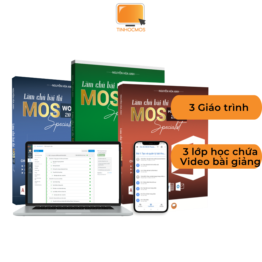 Sách - Combo Sách Ôn Thi 2 Môn MOS Excel, Word, Powerpoint 2016 Specialist, Ứng dụng Tin học văn phòng cơ bản - tinhocmos