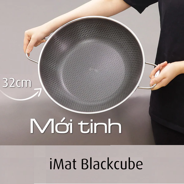 Chảo xào iNox Blackcube iMat 32cm, Tay cầm 2 bên, nắp kính cường lực.