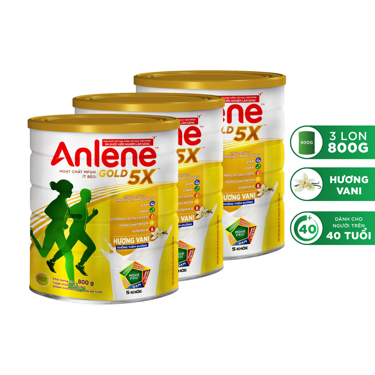 Combo 03 Sữa Bột Anlene Gold 5X Hương Vanilla (Hộp thiếc 800g) - Tặng chảo inox