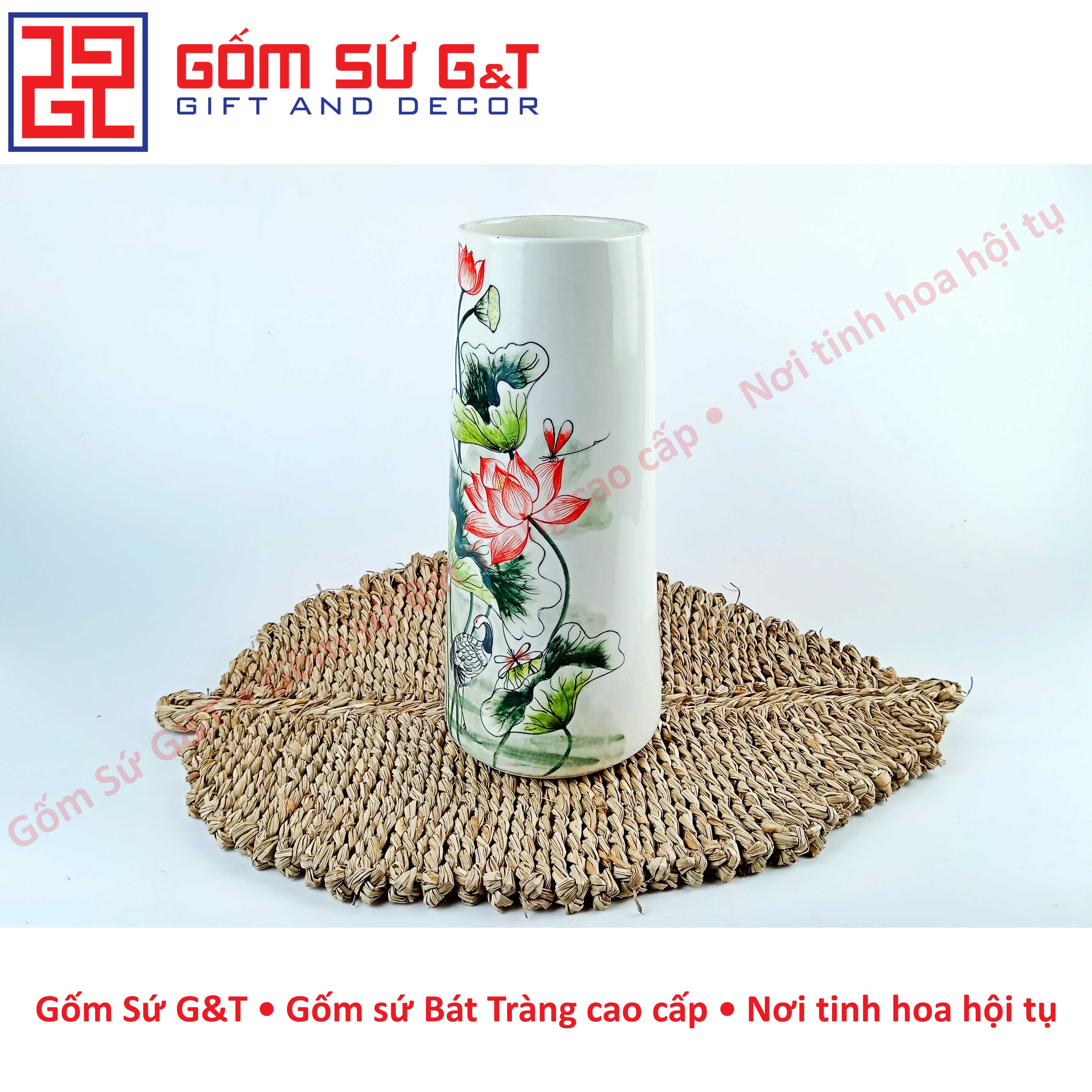 Lọ hoa dáng ống vẽ sen hạc Gốm Sứ G&amp;T