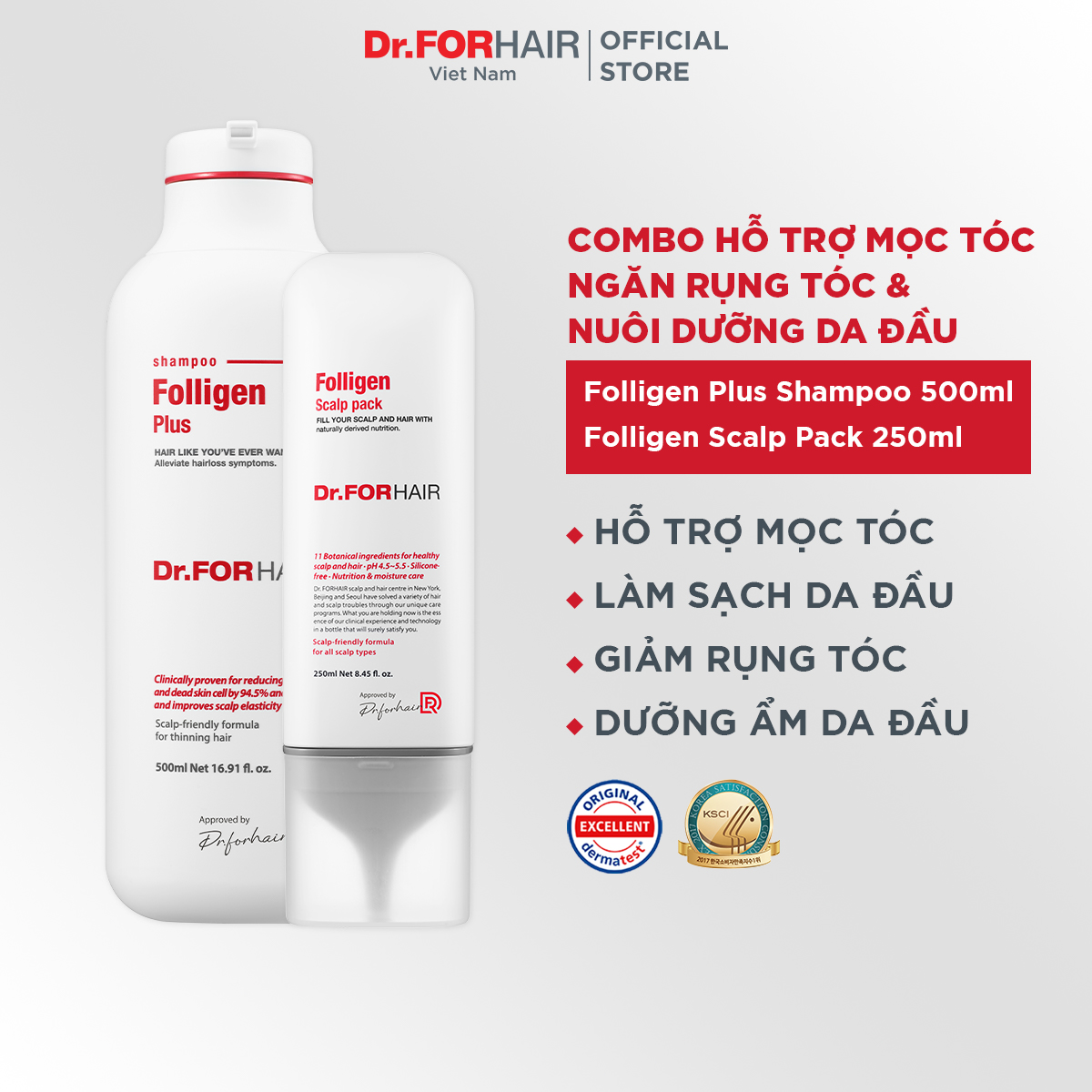 Bộ gội xả giảm rụng tóc chăm sóc tóc chắc khỏe Dr.FORHAIR Folligen Plus 500ml và Scalp Pack 250ml