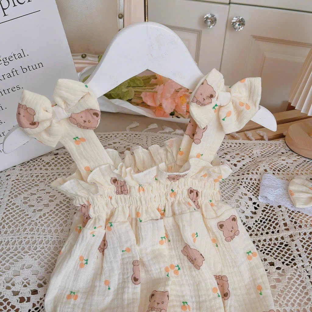 SET BODY 2 DÂY HỌA TIẾT GẤU KÈM BĂNG ĐÔ CHO BÉ GÁI SƠ SINH 1 2 TUỔI