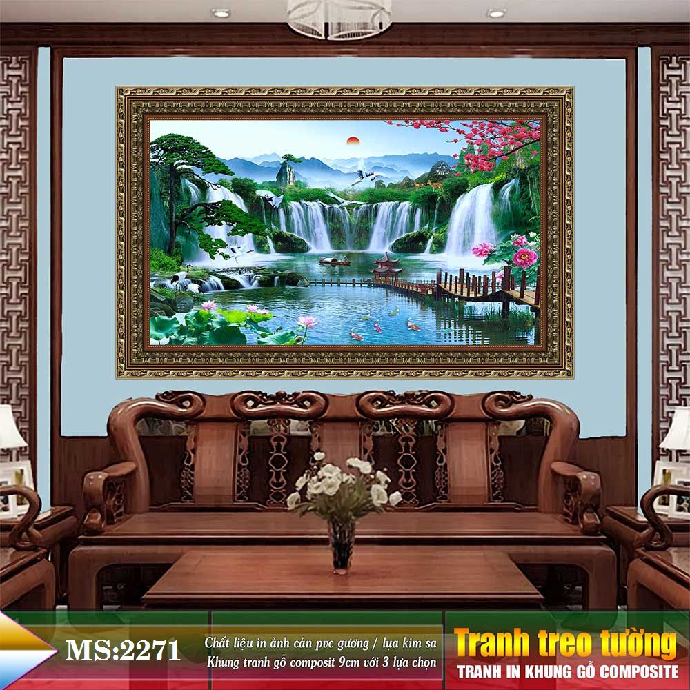 Tranh treo tường phòng khách, phòng ngủ SƠN THỦY HỮU TÌNH khung gỗ composit chất liệu pvc gương / lụa kim sa. MS:2271L9