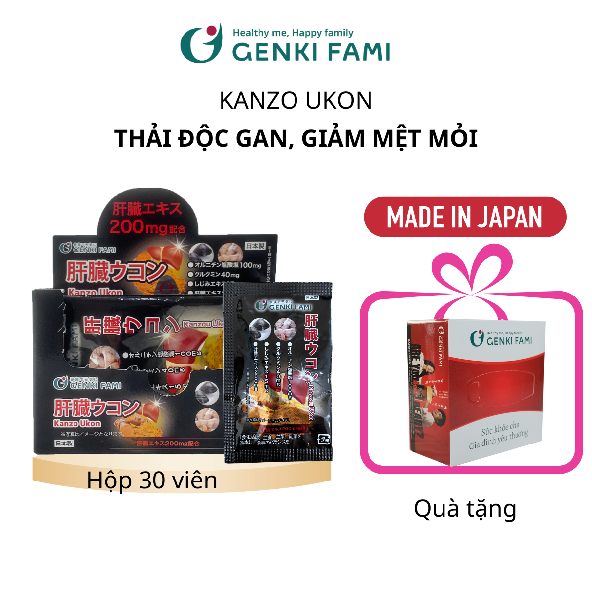 Viên Uống Thải Độc Gan, Giải Rượu Kanzo Ukon Genki Fami Nhật Bản Hộp 30 Viên