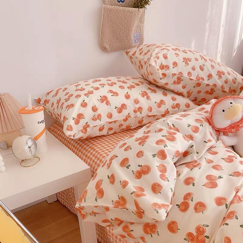 Set Chăn Ga Quả Cam Ga Kẻ Caro Cotton Living Thoáng Mát Siêu Xinh