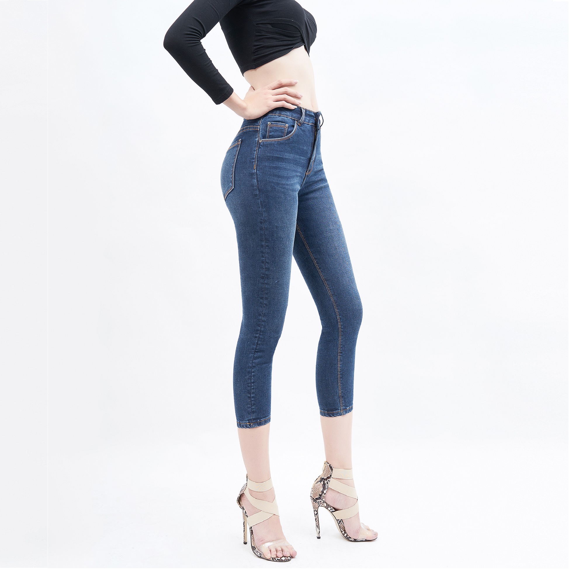 Quần Lửng Jean Nữ AAA JEANS Lưng Cao Skinny Ocean Blue