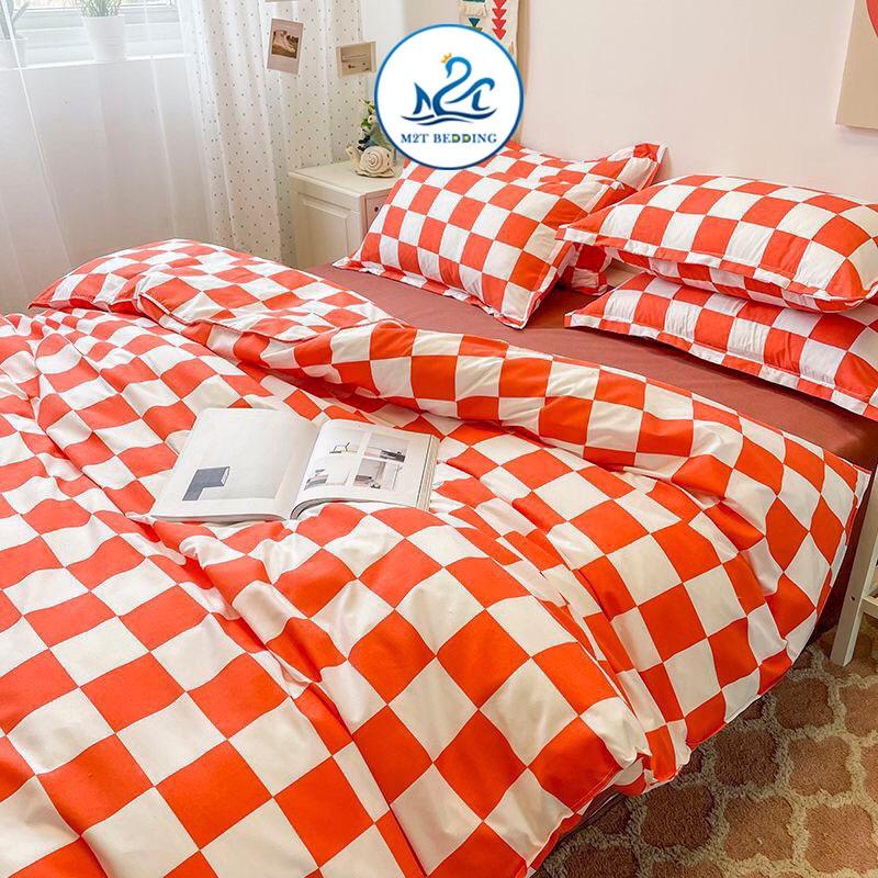 Bộ chăn ga gối Cotton Poly M2T Bedding, vỏ chăn mền, drap ga giường và 2 vỏ gối nằm - PL Bàn cờ vua đỏ