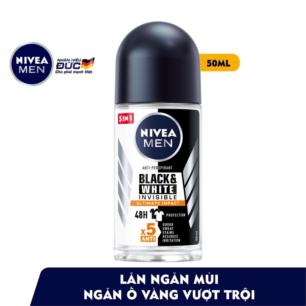 Combo 2 Lăn Ngăn Mùi NIVEA MEN Black & White Ngăn Vệt Ố Vàng Vượt Trội 5in1 - 85392