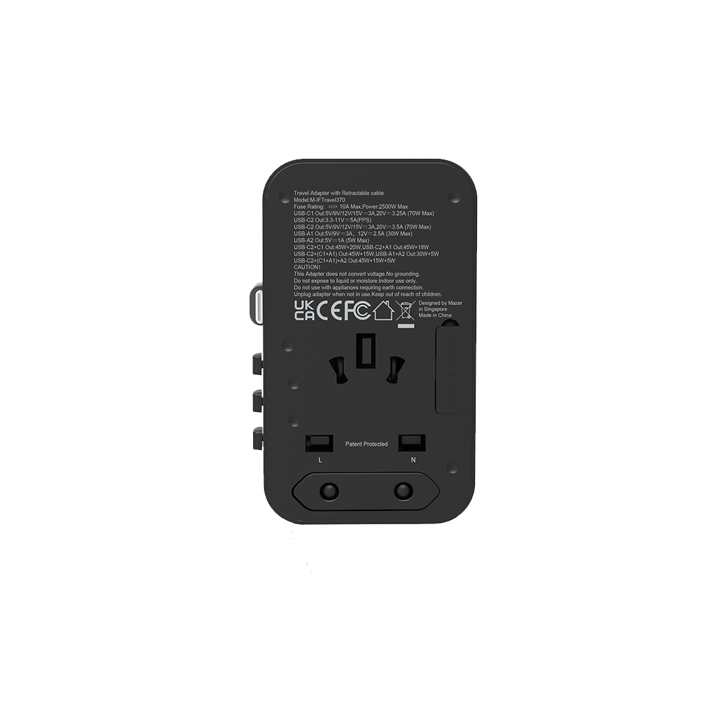 Củ sạc du lịch đa năng Mazer InfiniteTravel LinkIF Travel370 PD70W Gan có cáp USB C tích hợp - Hàng Chính Hãng