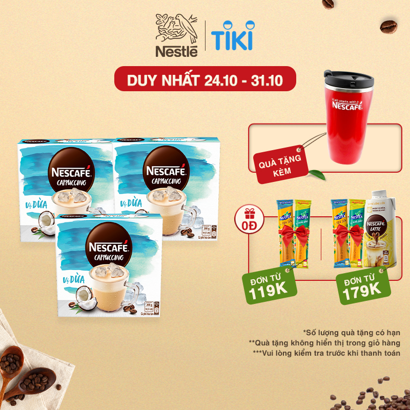 [Tặng ly 2 lớp tiện lợi] Combo 3 hộp cà phê hòa tan Nescafé Cappuccino vị dừa (Hộp 10 gói x 20g)