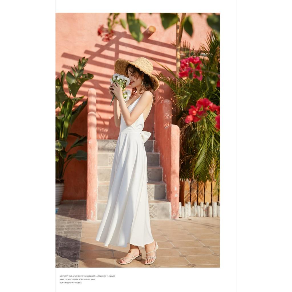 ĐẦM MAXI VÁY MAXI TRẮNG ĐAN DÂY HỞ LƯNG NƠ SAU ĐI BIỂN