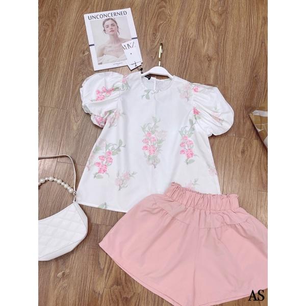 Set đồ bộ áo hoa tay bồng, quần đùi hồng tiểu thư
