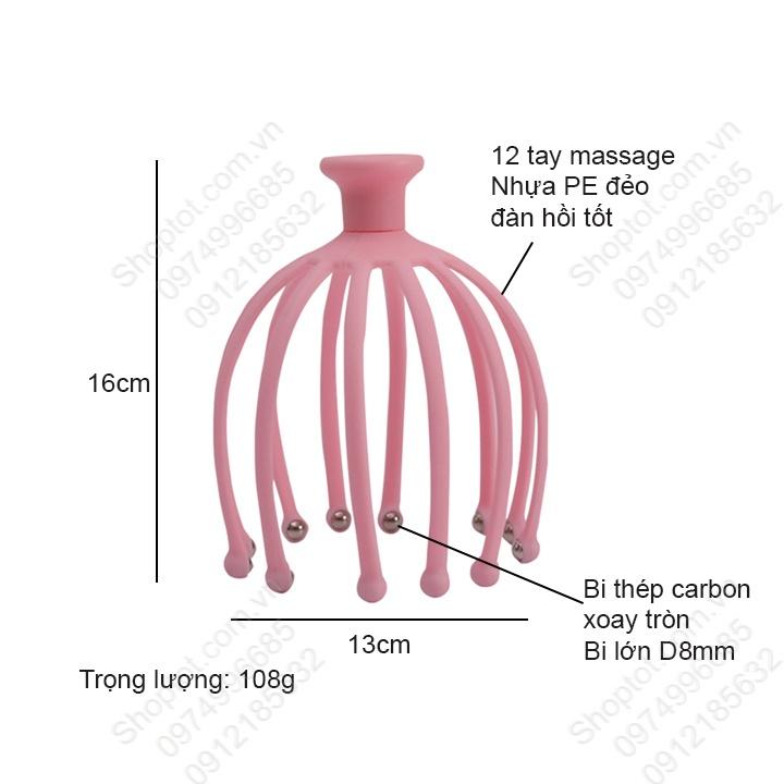 Dụng cụ massage đầu 12 tay làm nhựa PE đầu bi lớn 8mm bằng thép xoay 360 độ, chuyên massage trị liệu đau đầu, gối, vai