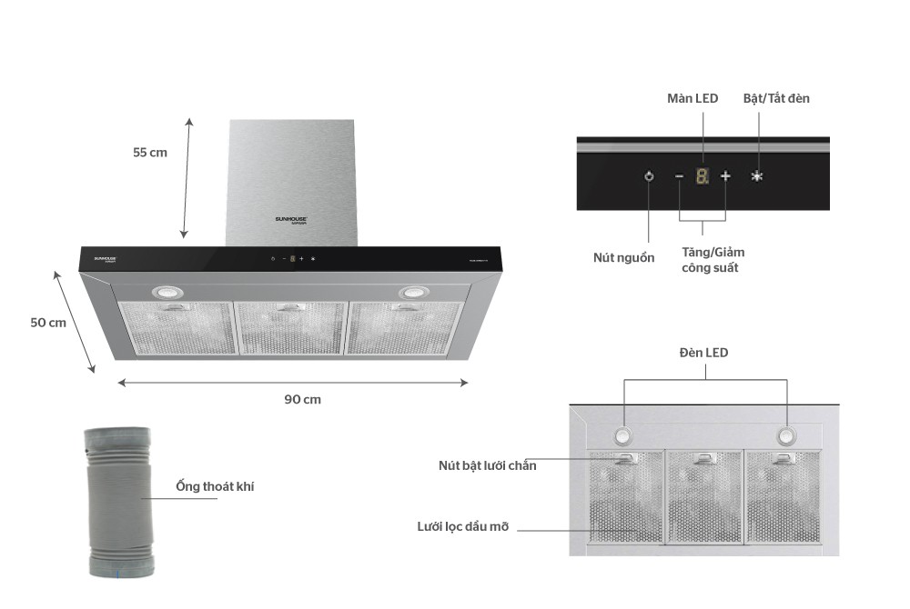 Máy hút mùi cao cấp chữ &quot;T&quot; Sunhouse Mama MMB6817-90 - Hàng Chính Hãng