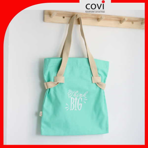 Túi Tote Vải Canvas, Vải Bố Hàn Quốc Đựng Giấy A4 Phom Đứng Phối Chữ THINK BIG thời trang COVI T17-M-Màu Xanh ngọc