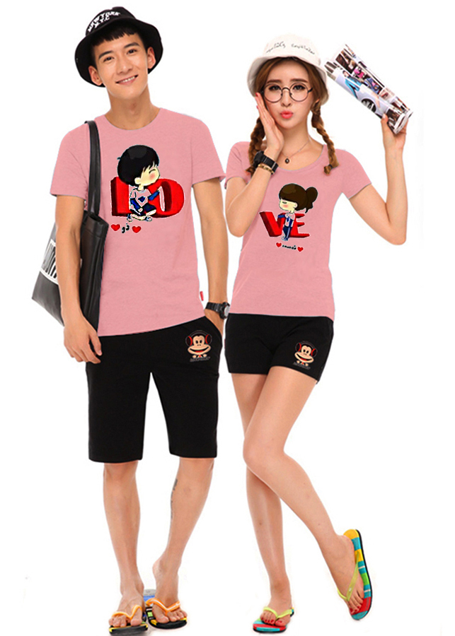 Bộ Áo Thun Đôi Nam Nữ Love Màu Hồng Ruốc