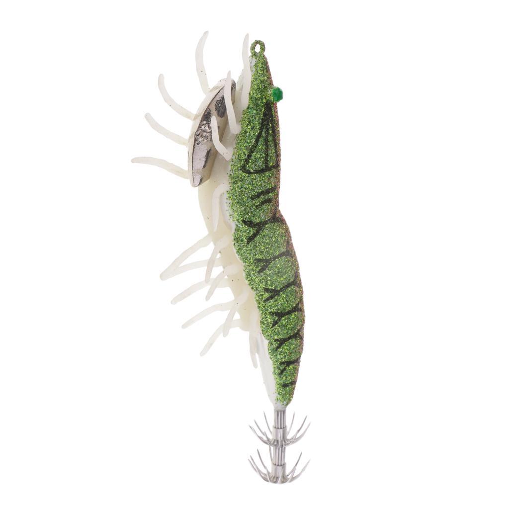 2pcs Glow In Dark Squid Jig Hooks Shrimp Fishing Lures W/ Luminous Soft Leg