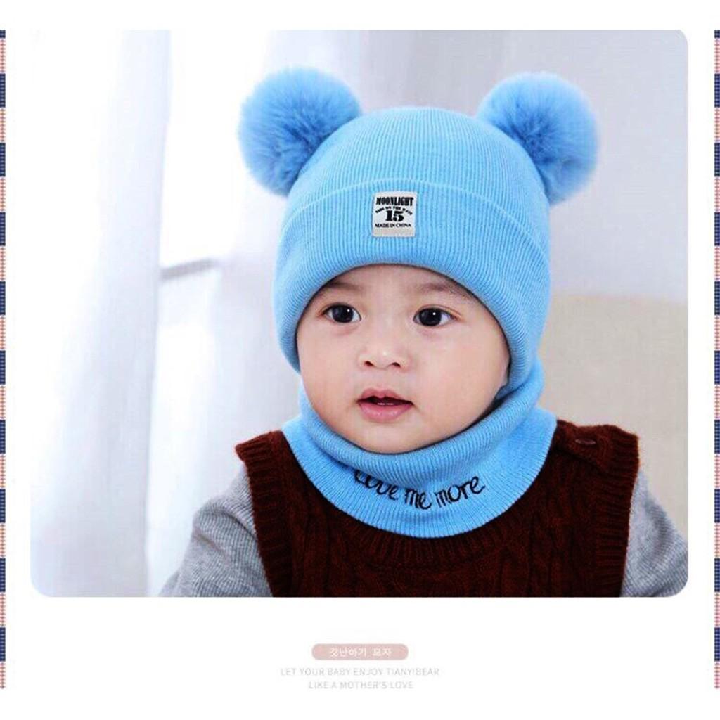 Sét Mũ len 2 quả bông kèm khăn cho bé