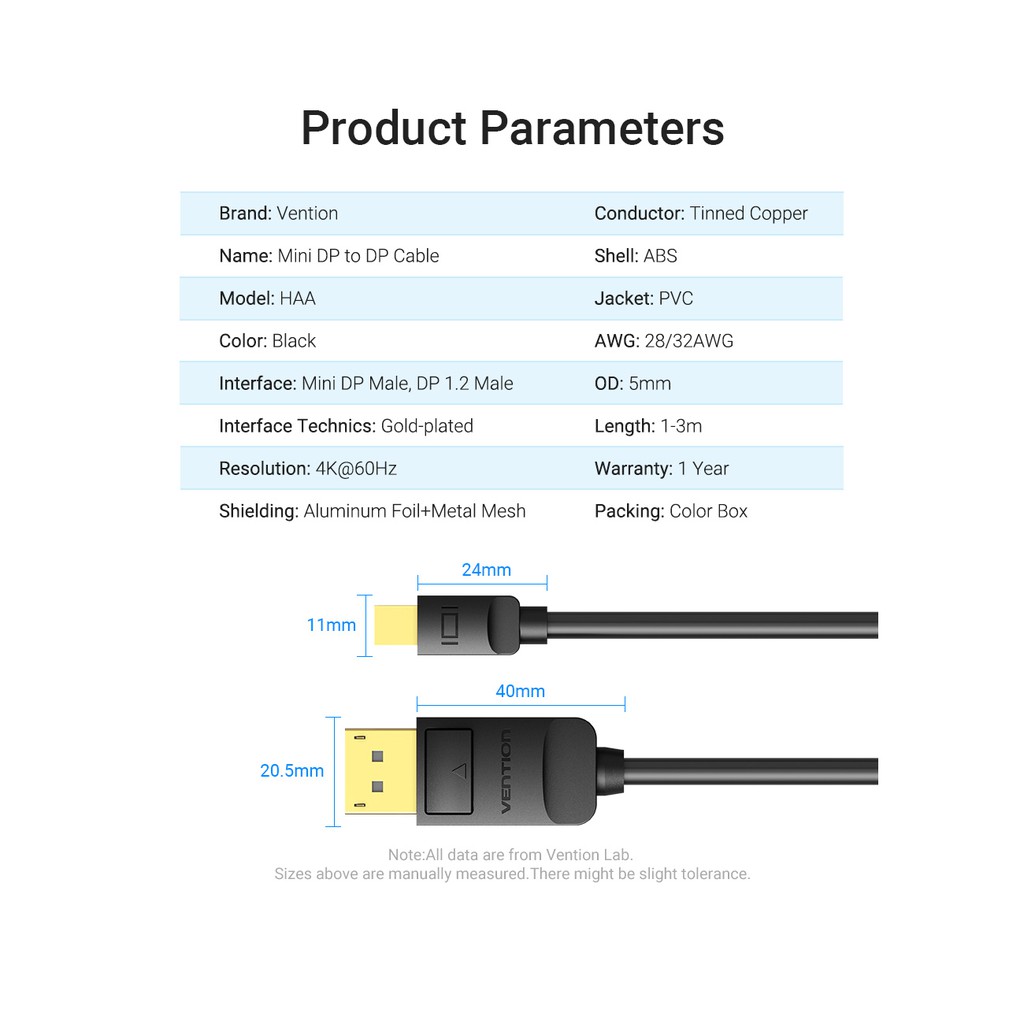 [Mini DPmale - DP male] Cáp chuyển đổi 2 chiều Mini DP to DP 4K@60Hz 8K@60Hz Vention HAA / HCF - Hàng chính hãng