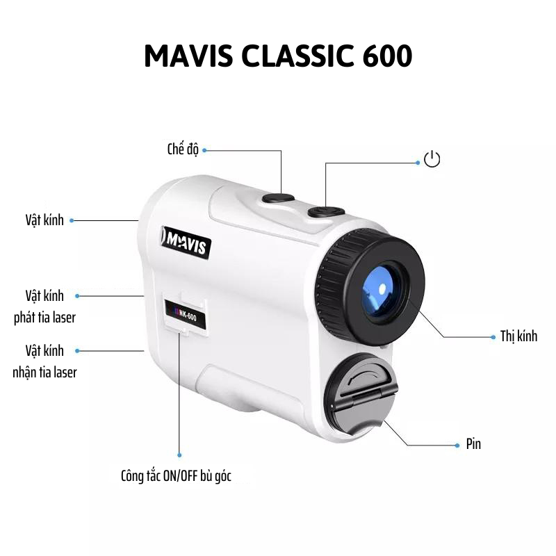 Ống nhòm Mavis Classic đo khoảng cách đến 600m, có bù góc, đo góc, sử dụng pin CR2 3V dễ mua, đổi đơn vị mét/yard, 2 màu đen hoặc trắng để lựa chọn, dùng trong chơi golf, đo đạc, đi rừng | Hàng chính hãng