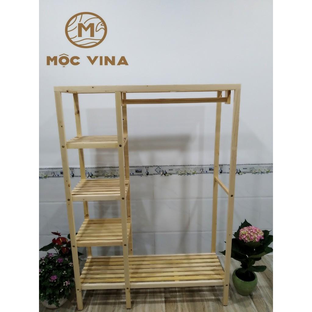 TỦ QUẦN ÁO GỖ THÔNG 100x150 cm. TỦ TREO QUẦN ÁO ĐÔI 4 TẦNG