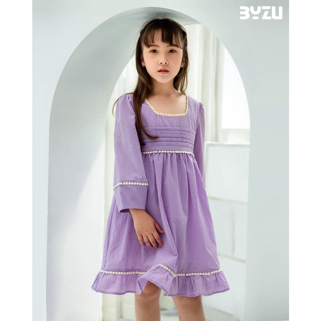 Váy bé gái BYZU, chất cotton mềm mại, cổ vuông tay bồng màu tím pastel (Violet Cozy)