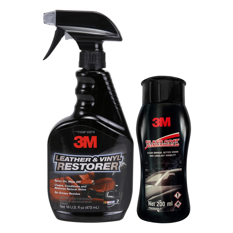 Combo Chai Xịt Làm Sạch Da, Nhựa Cao Su Và Dung Dịch Chống Bám Nước Trên Kính Xe 3M + Tặng Khăn Lau Xe Hơi 3M