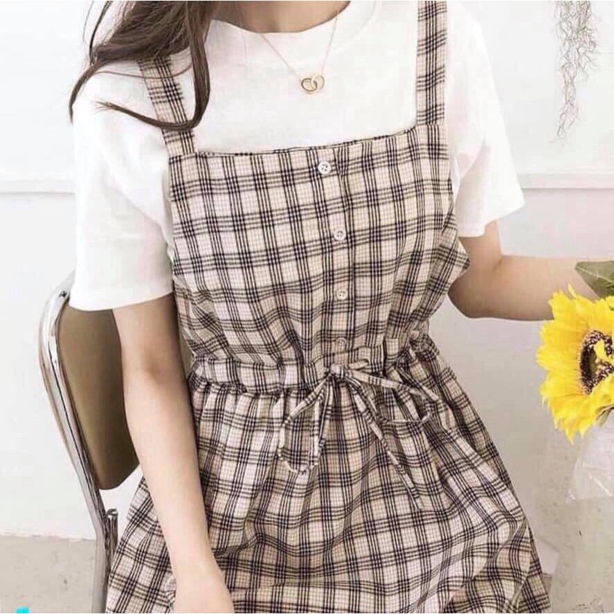 Váy yếm kẻ caro 2 dây có dây buộc siêu đáng yêu cho nữ - Váy Xinh