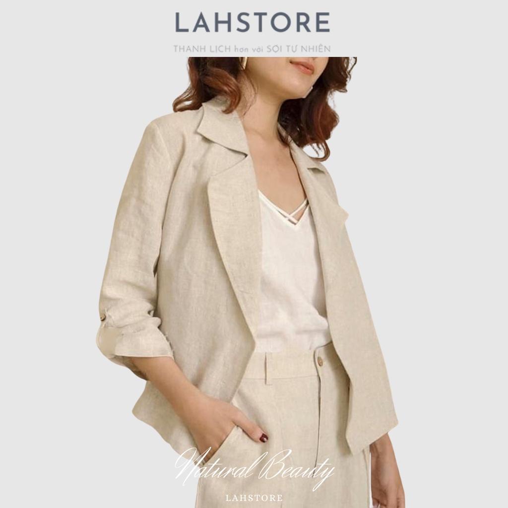 Set đồ công sở linen nữ - Áo blazer thiết kế tay lỡ cổ ve vuông, quần dài ống rộng. áo 2 dây LAHSTORE (Trắng