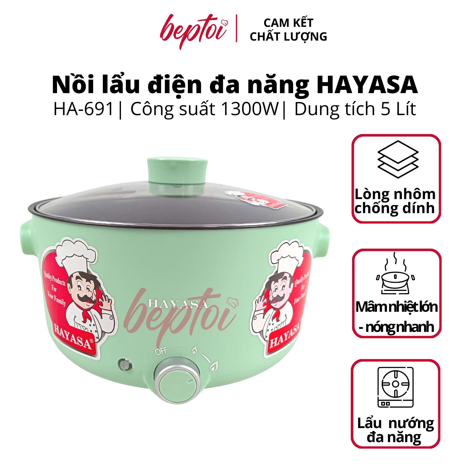 Nồi lẩu điện đa năng HAYASA, bếp lẩu điện mini dung tích 5 Lít công suất 1300W HA-691 - Hàng Chính Hãng