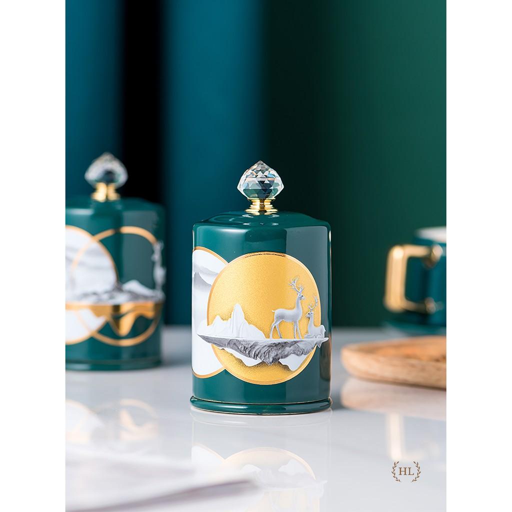 Lọ Đựng Tăm Xanh Sứ Hoa Văn Hươu Cao Cấp Vàng Kim | Hũ sứ có nắp đậy đính đá size To